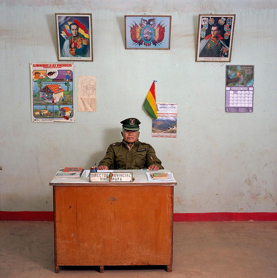 Bolivia, bureaucracy (c) Jan Banning, 2005.Constantino Aya Viri Castro (b. 1950), previously a construction worker, is a police officer third class for the municipality of Tinguipaya, Tomás Frías province. The police station does not have a phone, car or typewriter. Monthly salary: 800 bolivianos.