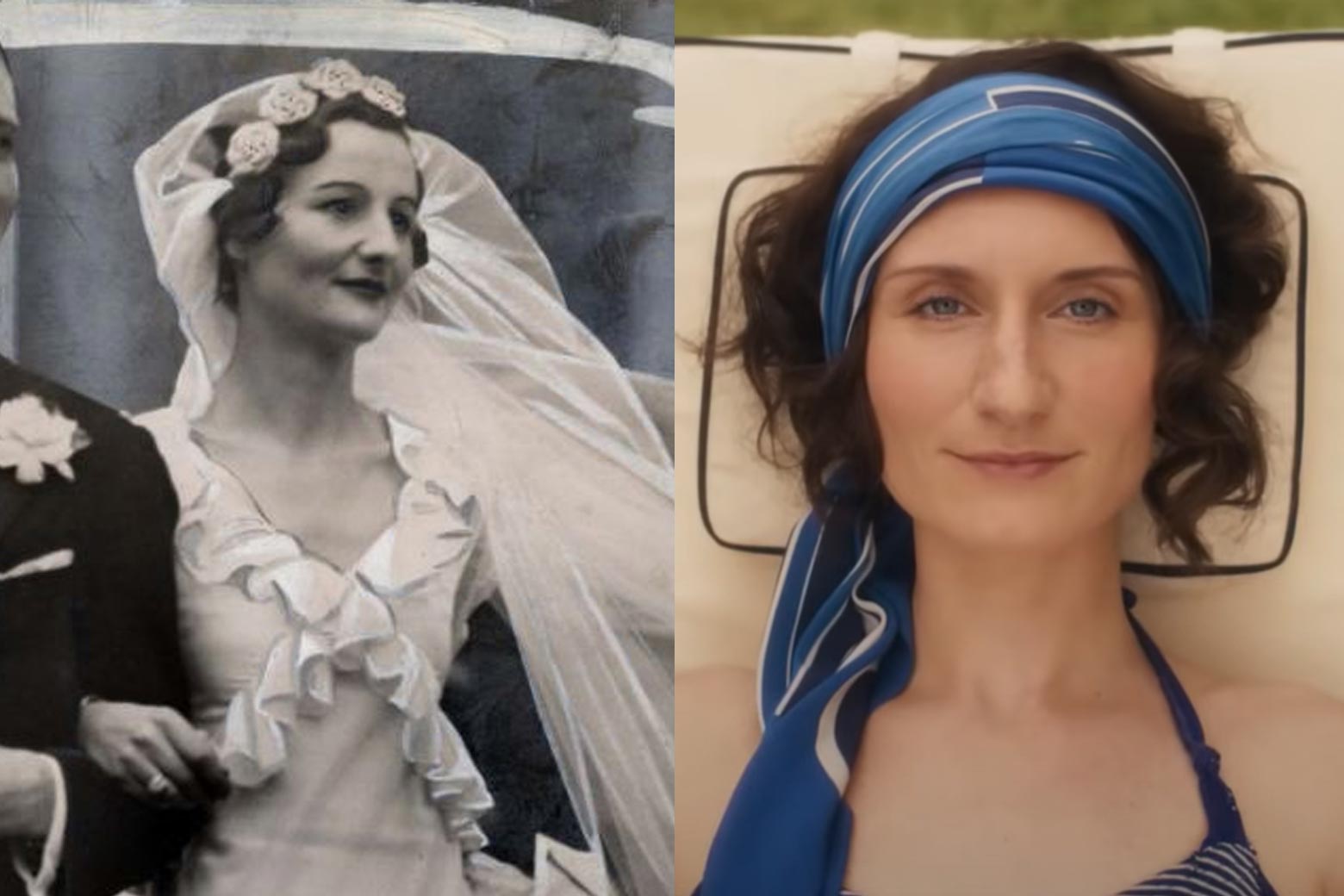 Nancy Mitford in wedding attire on the left and the actress on the right.
