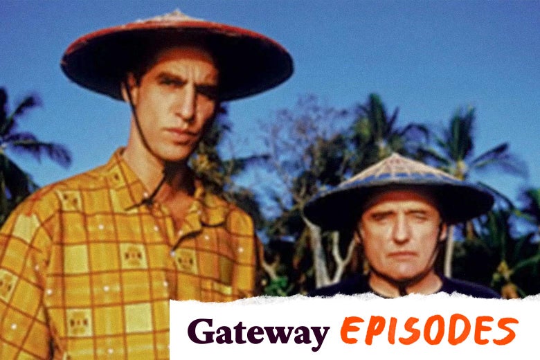 John Lurie and Dennis Hopper wearing conical hats in a still from Fishing With John. 