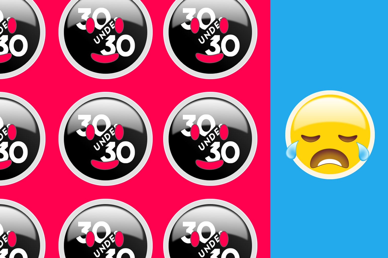 30 Over 30 logo with happy face emojis placed over it and one sad emoji with out the 30 Over 30.