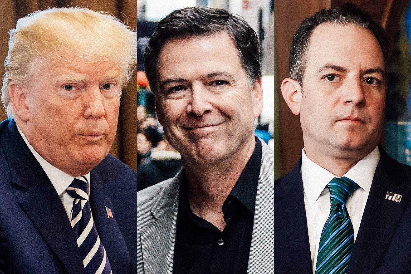 Donald Trump, James Comey, and Reince Priebus side-by-side-by-side.