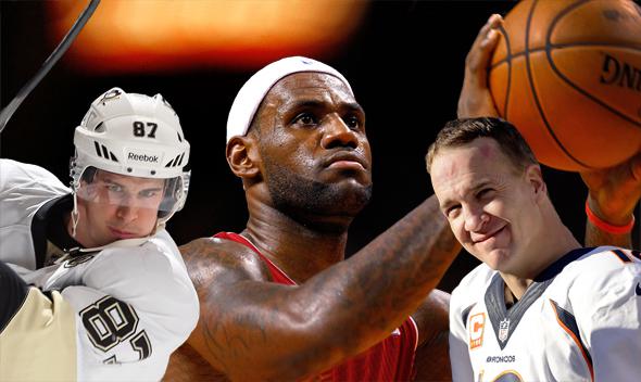 Sidney Crosby #87 of the Pittsburgh Penguins, LeBron James #6 of the Miami Heat, and Peyton Manning #18 of the Denver Broncos.