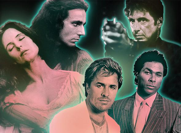 Madeleine Stowe and Daniel Day-Lewis in The Last of the Mohicans; Al Pacino in Heat; and Don Johnson and Philip Michael Thomas in Miami Vice.
