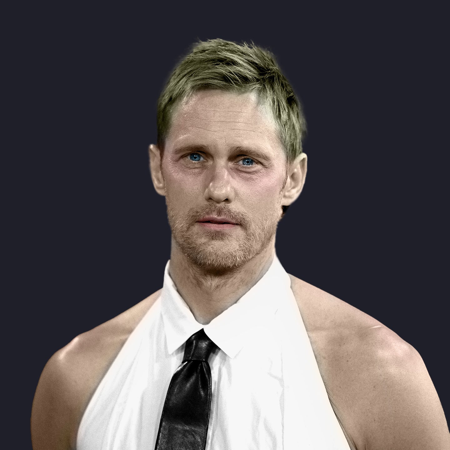 Alexander Skarsgard in a sleeveless white collared shirt with tie.