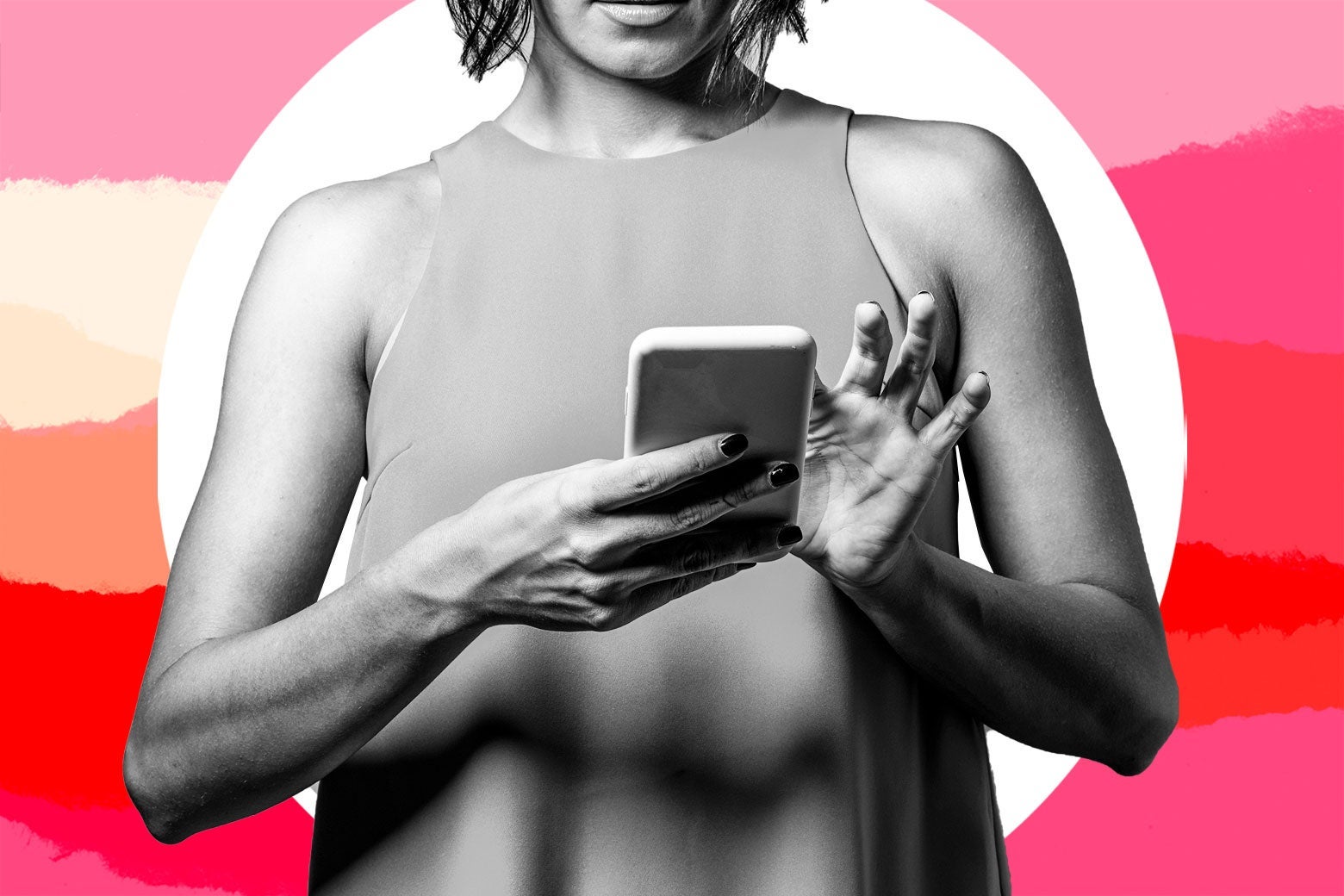 The torso of a person holding a smartphone and tapping it.