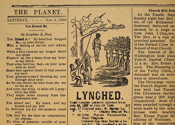 Page with a list of the most recent lynchings of African Americans and a drawing of a lynching with armed men standing guard, Richmond Planet, January 4, 1890 .