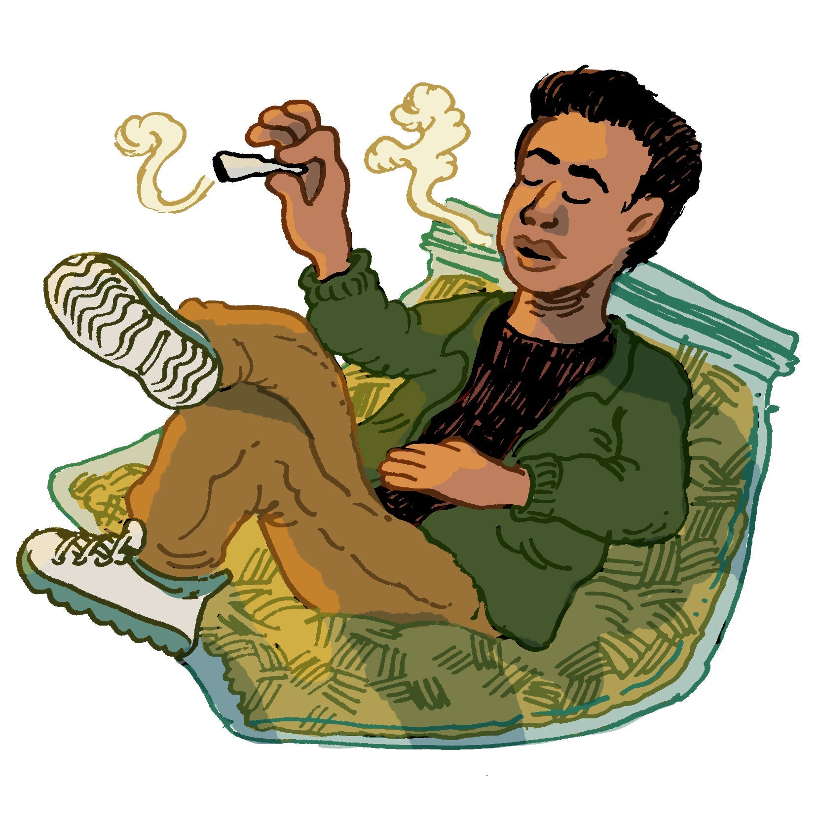 Illustration of Kumar smoking weed.