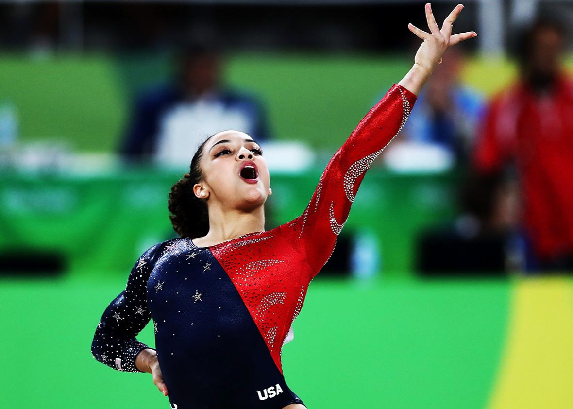 Lauren Hernandez of the United States competes on the floor during Women's qualification for Artistic Gymnastics on Day 2 of the Rio 2016 Olympic Games at the Rio Olympic Arena on August 7, 2016 in Rio de Janeiro, Brazil.