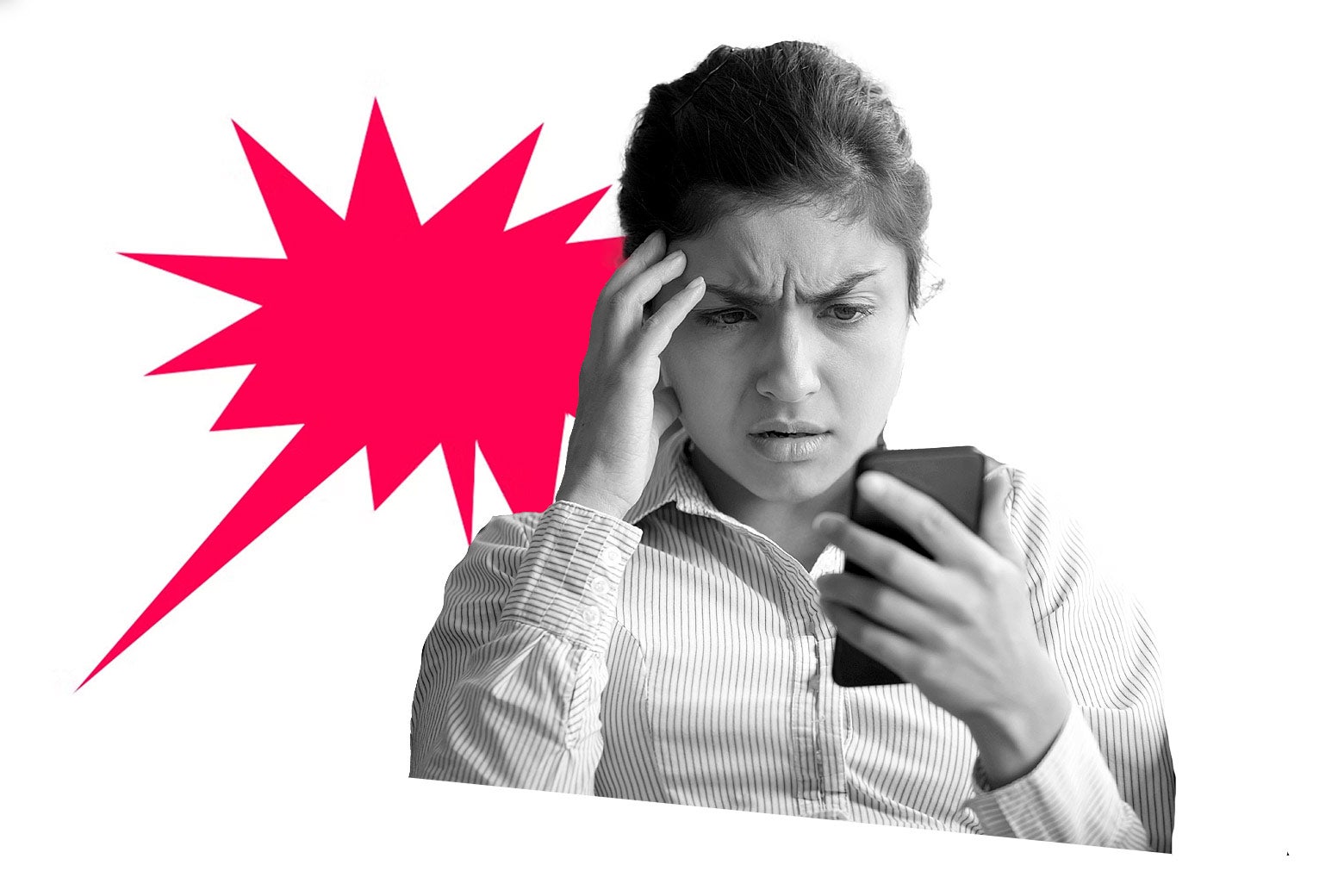A woman looking at her phone in a distressed state.