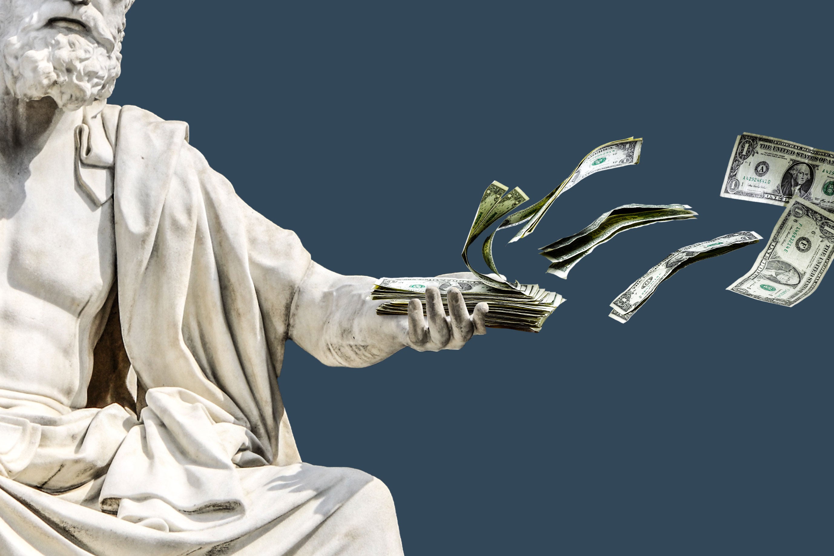 A marble statue of a man holding a stack of dollar bills with his hand outstretched. Some of the bills flutter away. 