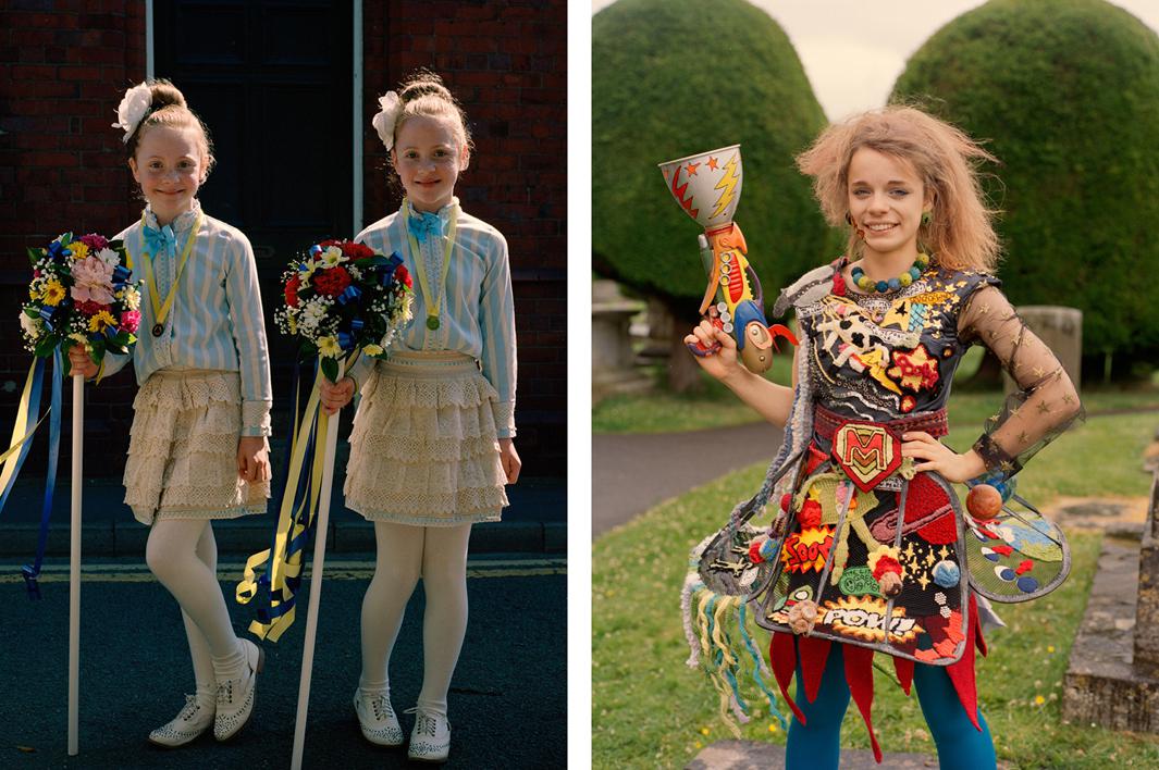 Left: Twins at the Neston Female Society’s Ladies Club Day. Right: Meredith at Art Couture Painswick, wearing an outfit that took her a year to assemble.