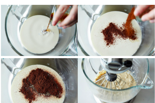 A series of four images: a bowl of white liquid with brown liquid being added; a hand adding dark brown powder to the bowl; the mixture with the powder sitting on its surface; a whisk in the mixture, now a light brown liquid.