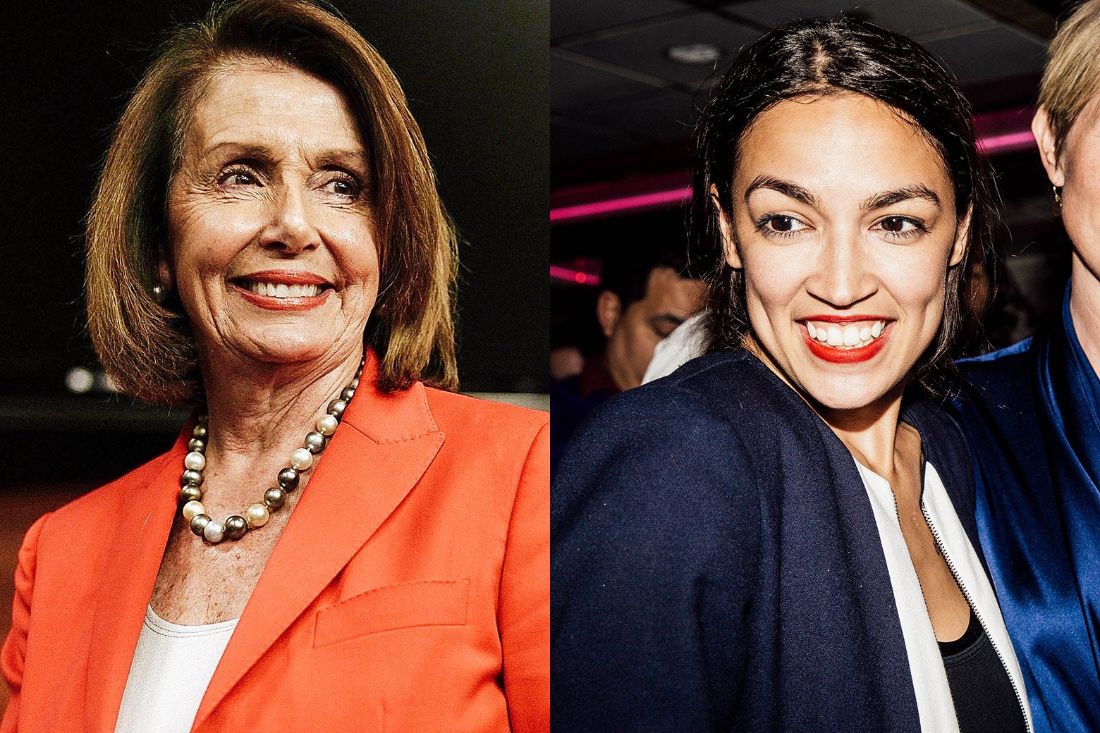Side by side images of Pelosi and Ocasio-Cortez.