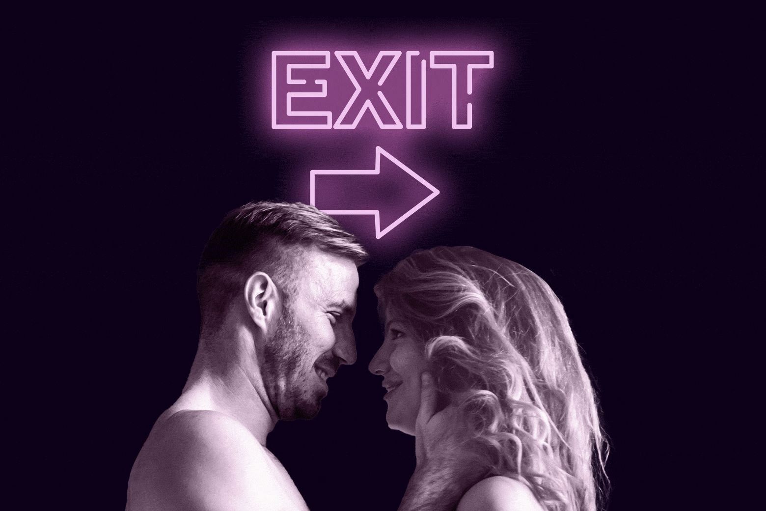 A man and a woman with an exit sign over them. 