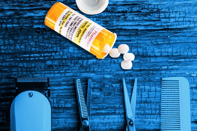 Barbershop counter with pills on the counter.