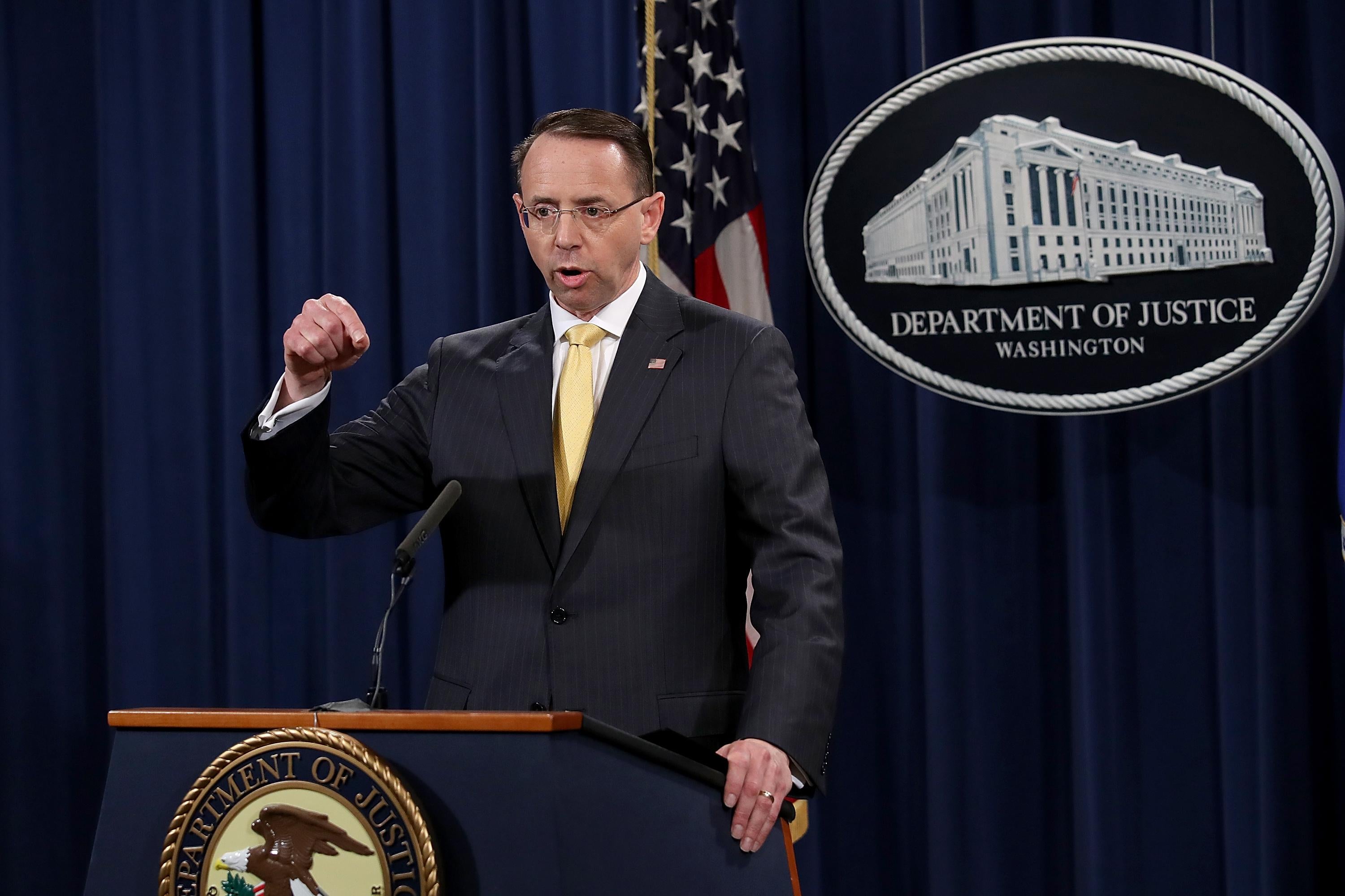 WASHINGTON, DC - FEBRUARY 16:  U.S. Deputy Attorney General Rod Rosenstein announces the indictment of 13 Russian nationals and 3 Russian organizations for meddling in the 2016 U.S. presidential election February 16, 2018 at the Justice Department in Washington, DC. The indictments are the first charges brought by special counsel Robert Mueller while investigating interference in the election.  (Photo by Win McNamee/Getty Images)