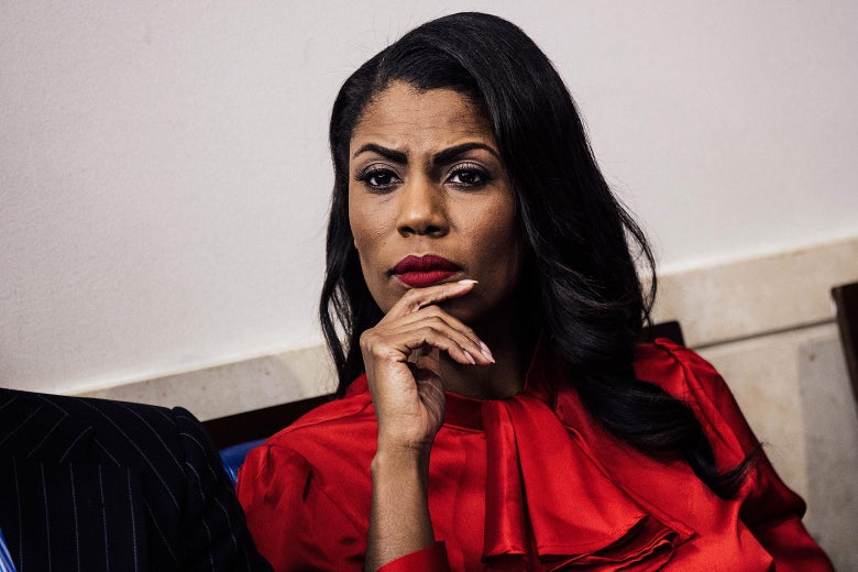 Omarosa Manigault listens during the daily press briefing at the White House on Oct. 27.