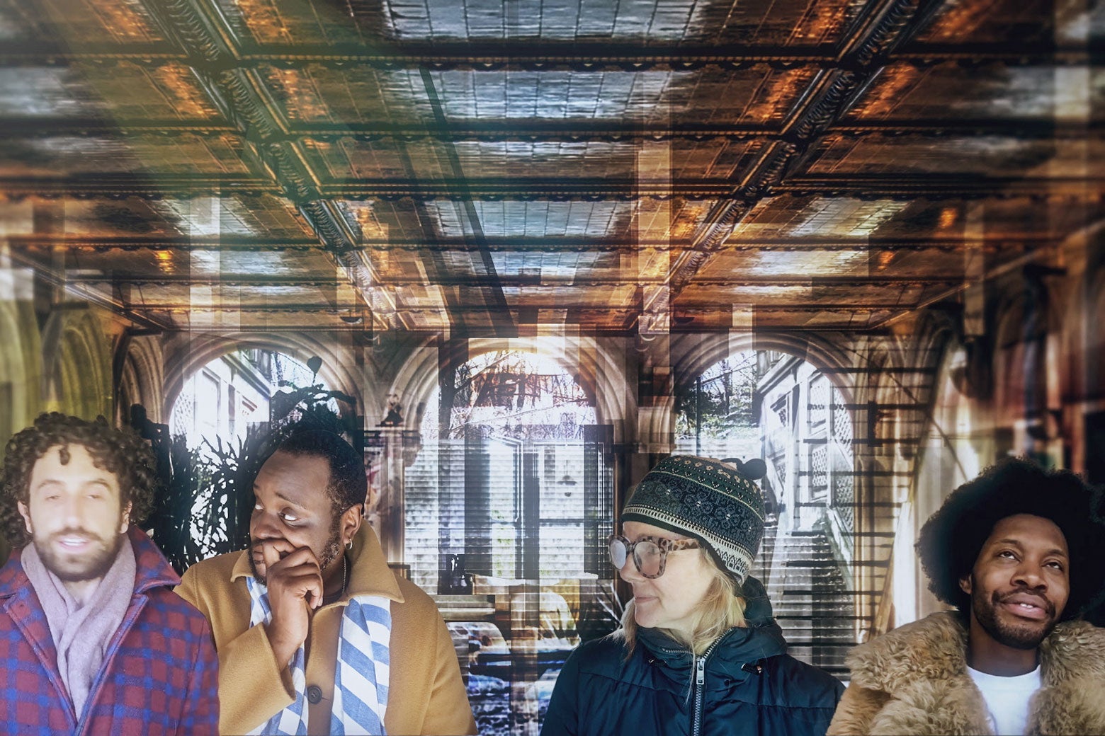 The four people in front of a collaged background.