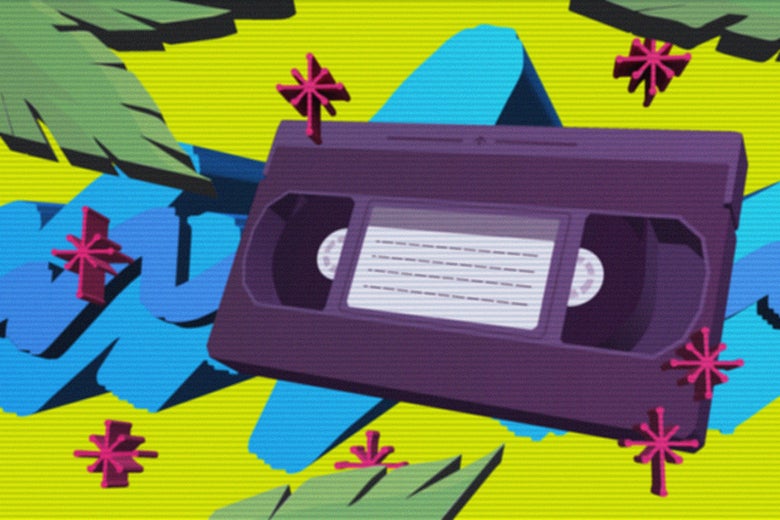 Illustration of a VHS tape on a colorful '80s background with squiggles and palm leaves.