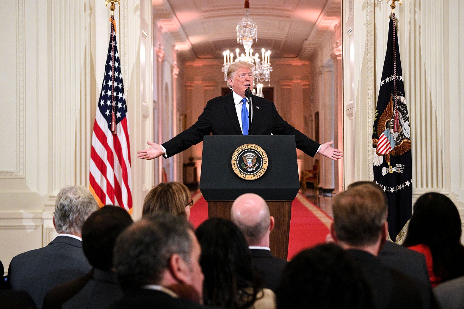 President Donald Trump speaks during a press conference at the White House in Washington on Wednesday.