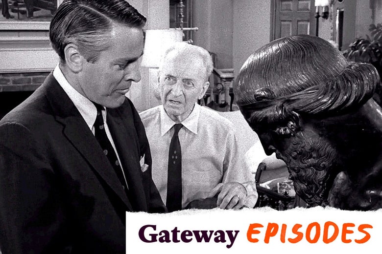 Kevin McCarthy and Edgar Stehli look at a bust in this black and white still.