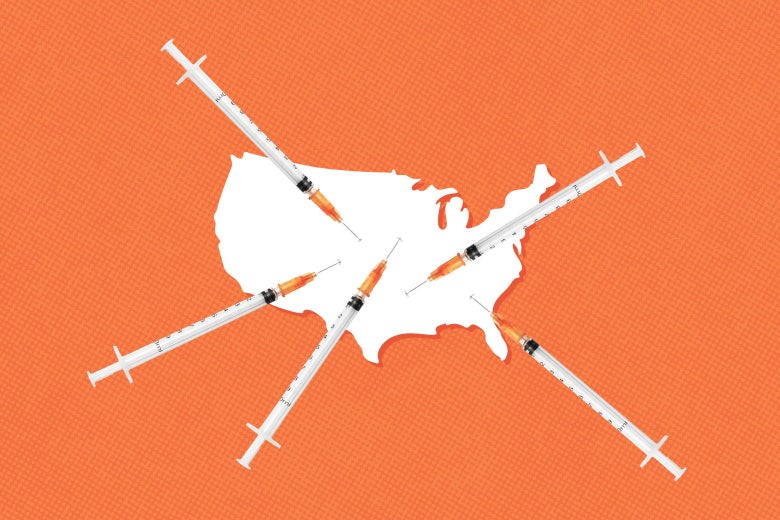 Five needles are seen jabbed into different parts of a U.S. map.