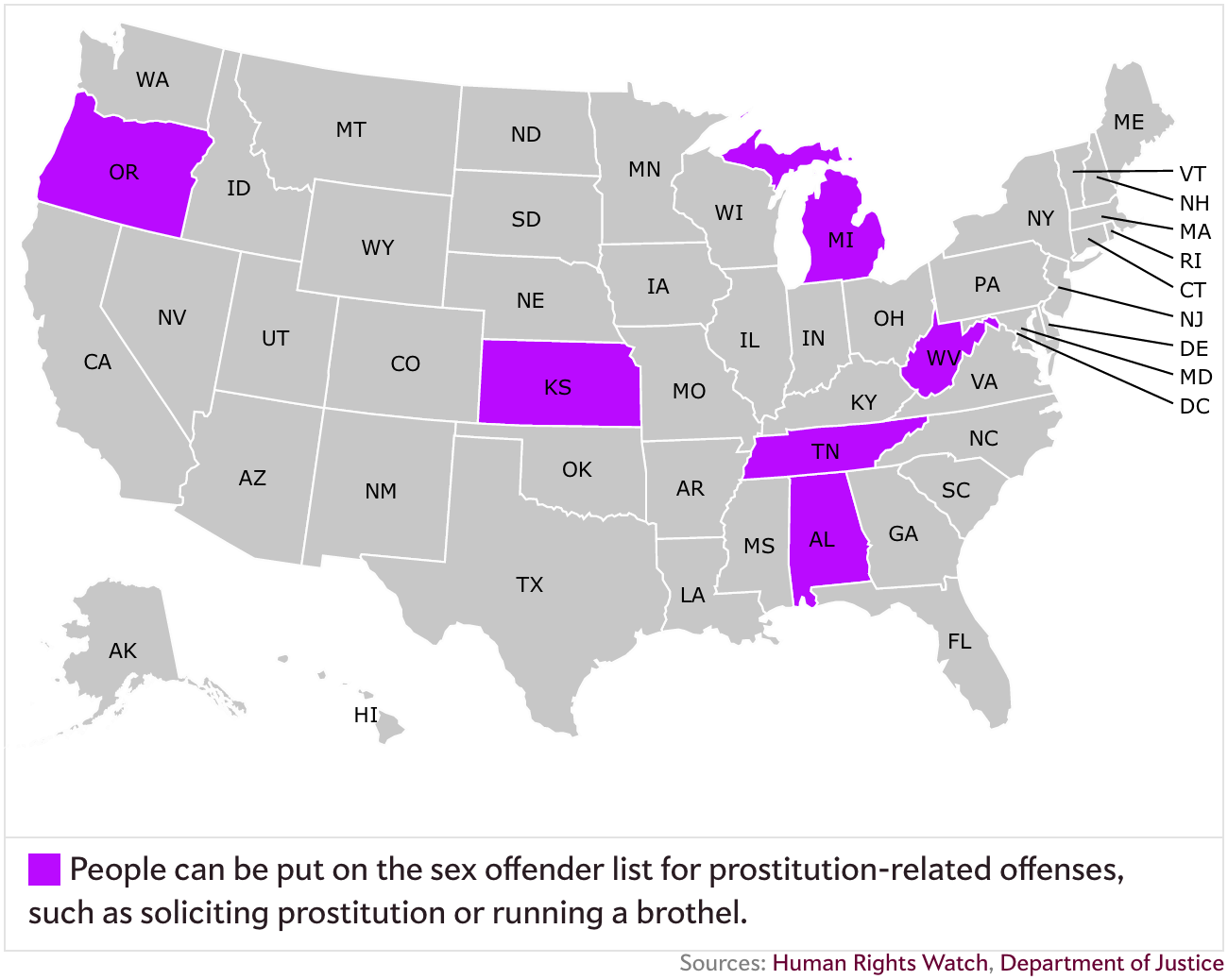 Mapped Sex offender registry laws on statutory rape, public urination, and prostitution.