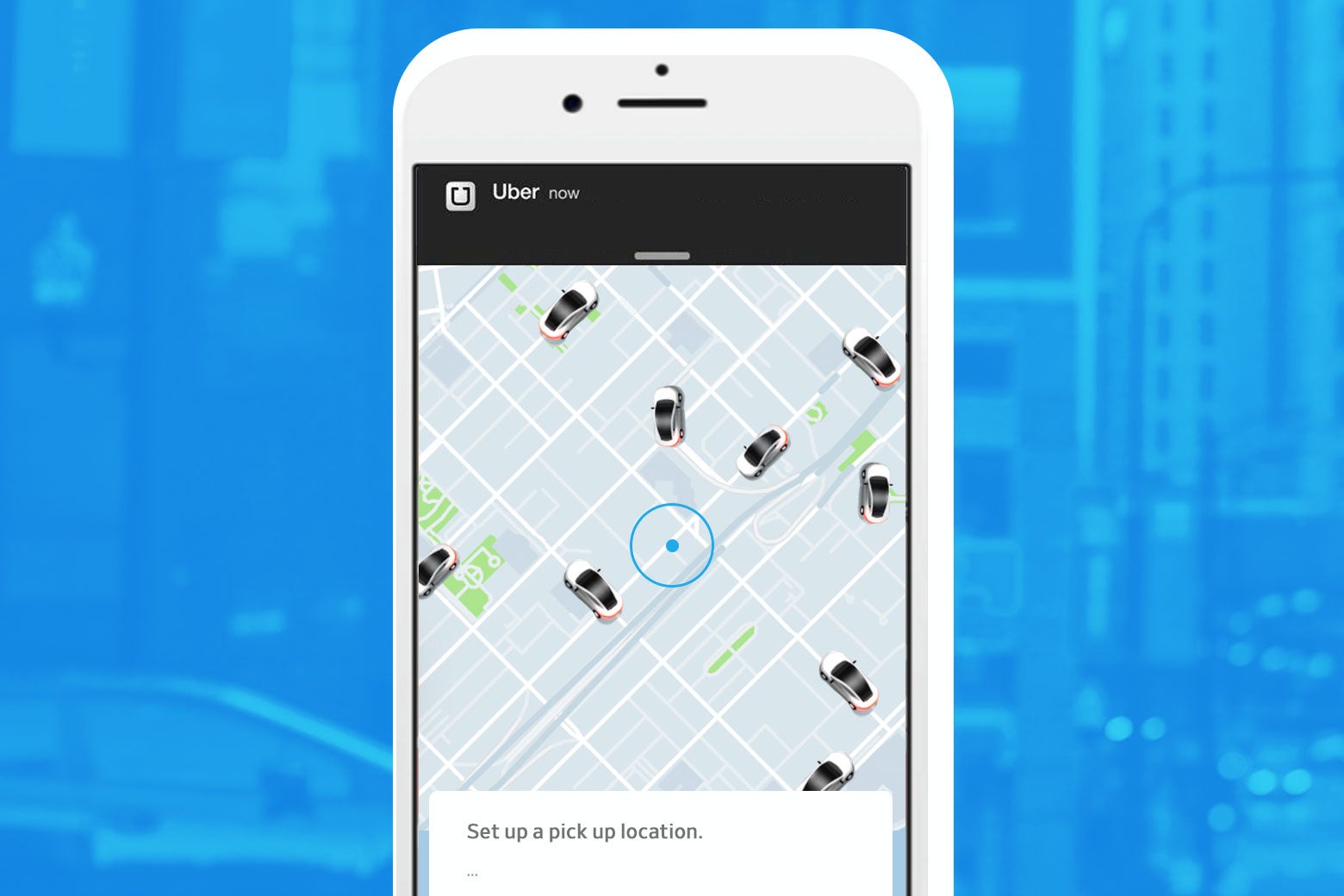 An Uber app screen showing many cars nearby.