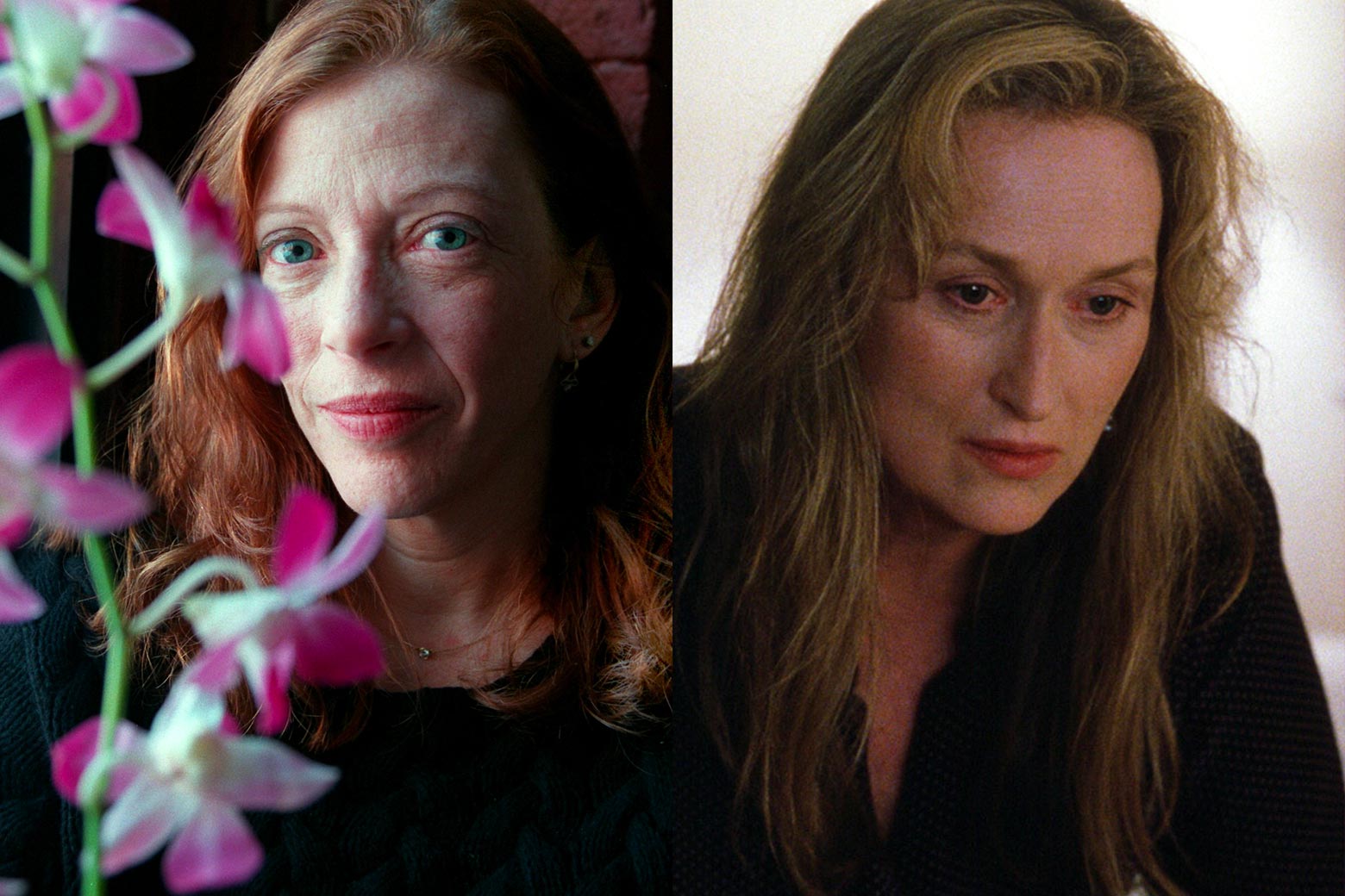 Susan Orlean side by side with the fictional "Susan Orlean" played by Meryl Streep in Adaptation.