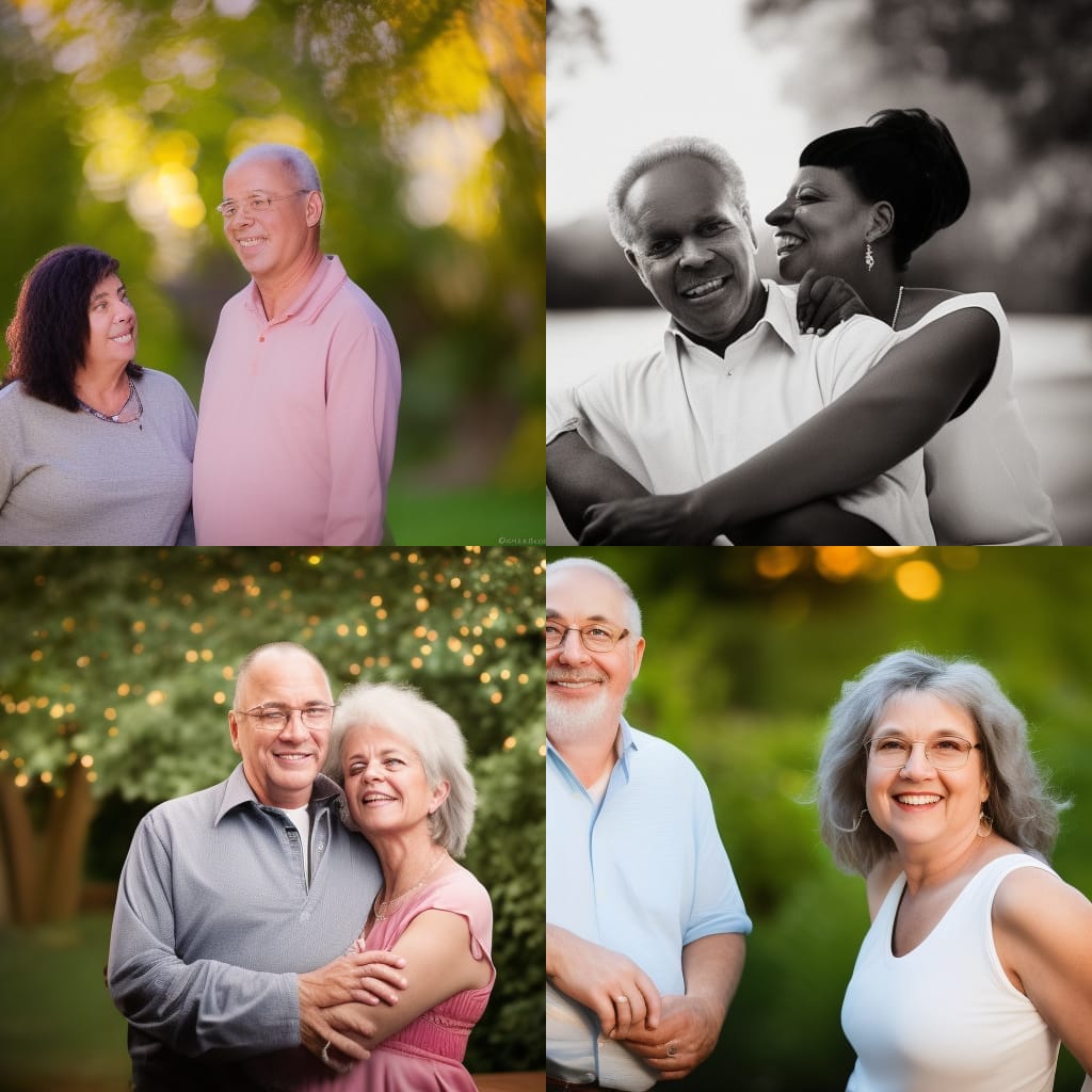 A grid of four mostly white couples smiling and hugging their respective A.I. partners.