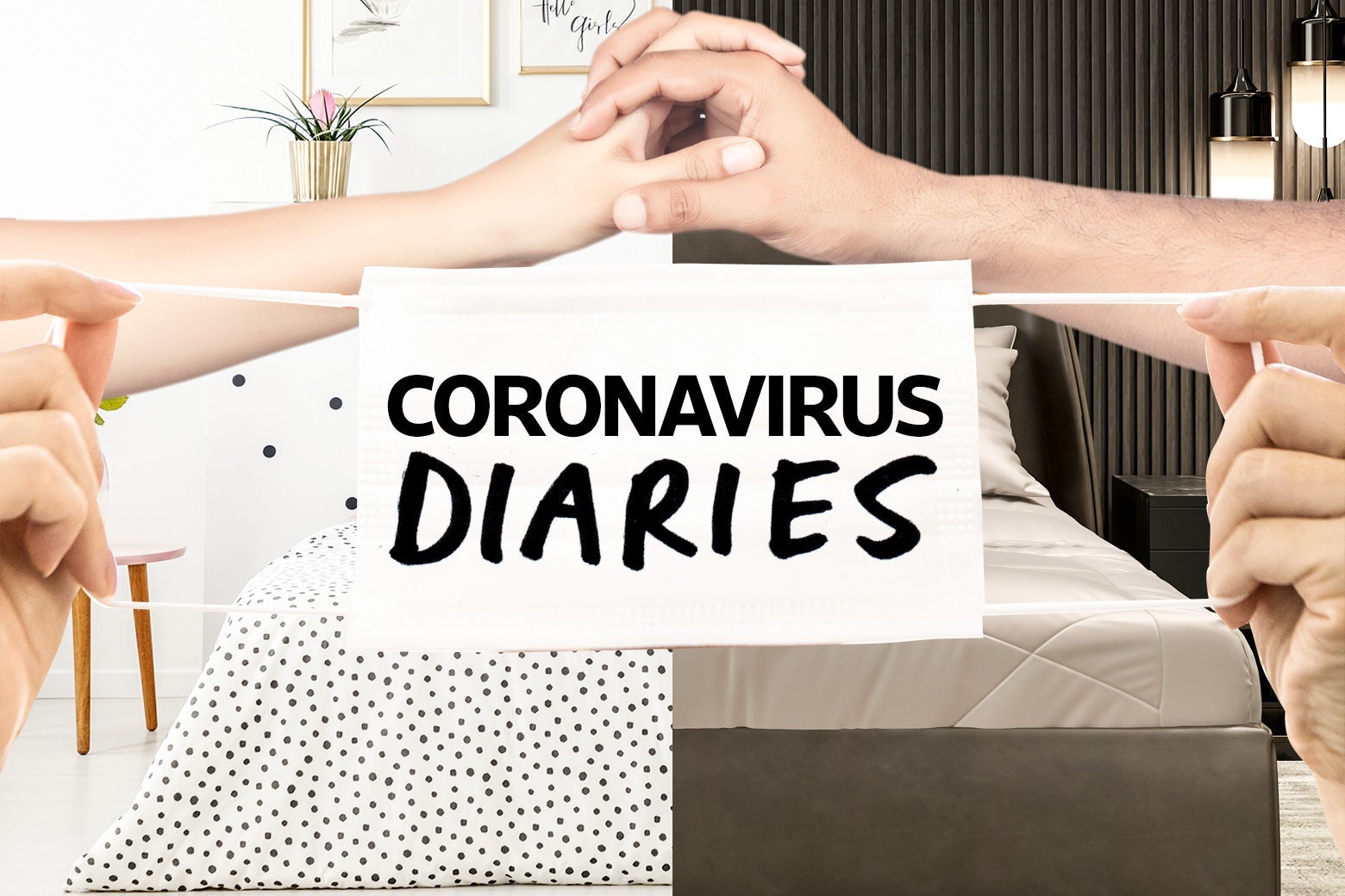 Two people join hands from two different rooms. A Coronavirus Diaries banner hangs over them.