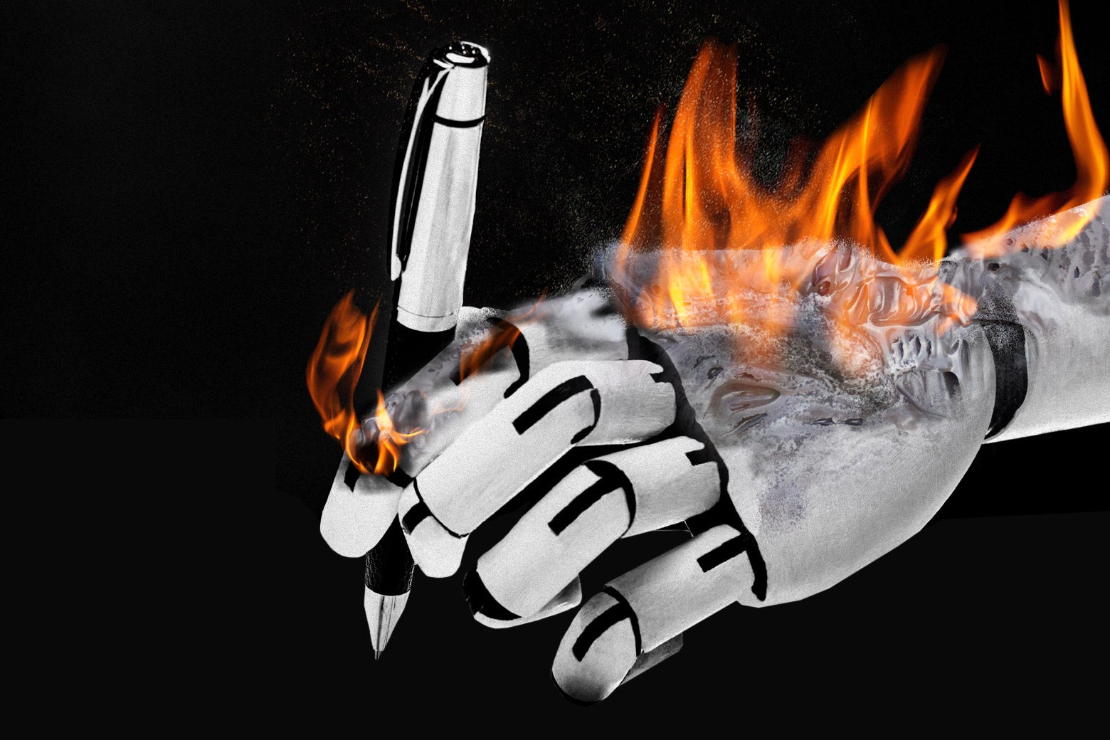 A robot hand holding a pen as it goes down in flames.
