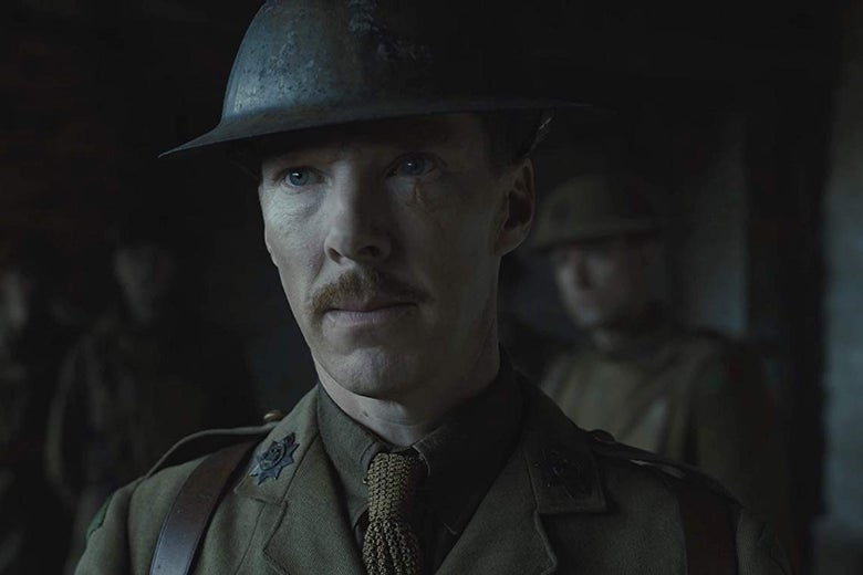 Benedict Cumberbatch wears a WWI-era uniform and helmet.