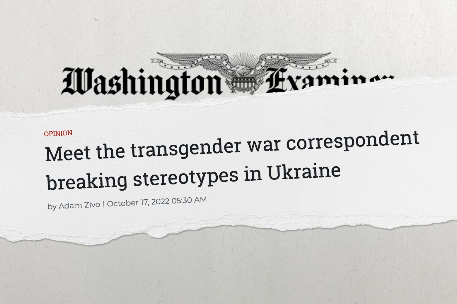 A cut-out of the Washington Examiner headline described in the piece, about the publication's logo.