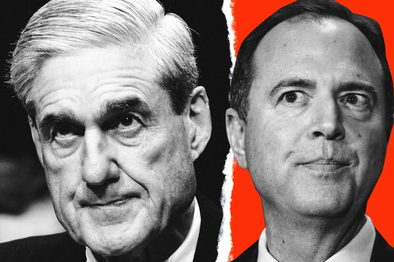 A collage featuring black-and-white photos of Robert Mueller and Adam Schiff.