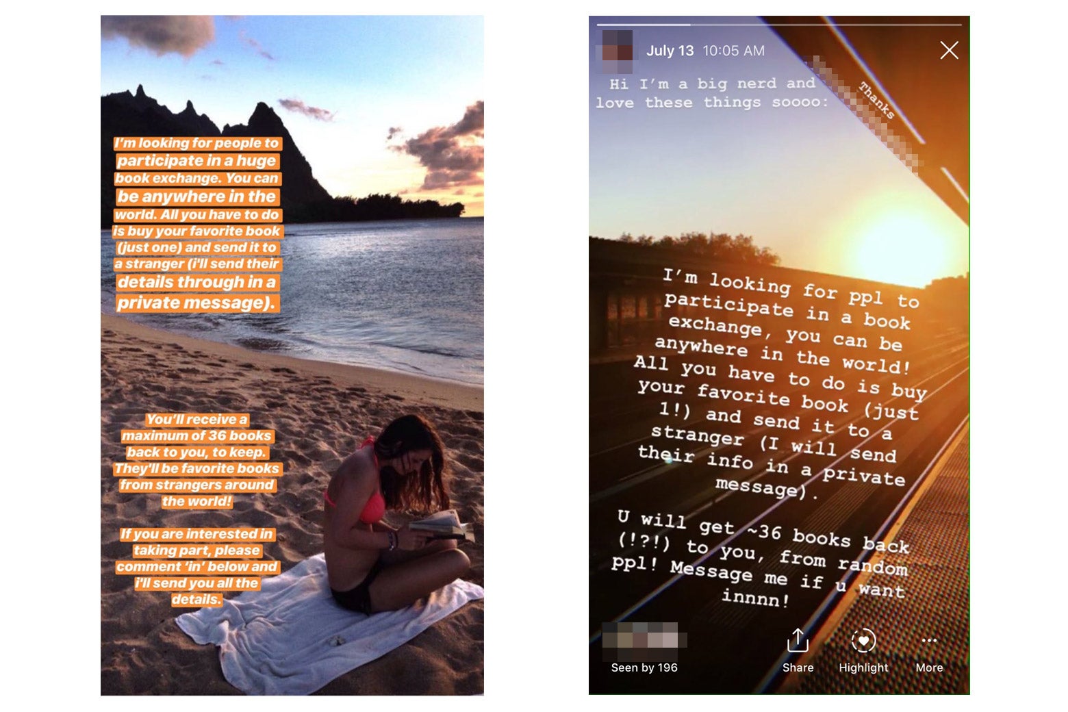 Two Instagram Stories screenshots about the book-sending challenge.