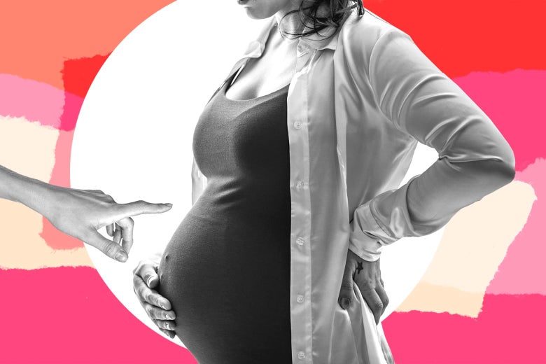 Photo illustration of a person almost touching a pregnant woman's belly over an array of colorful ripped paper.