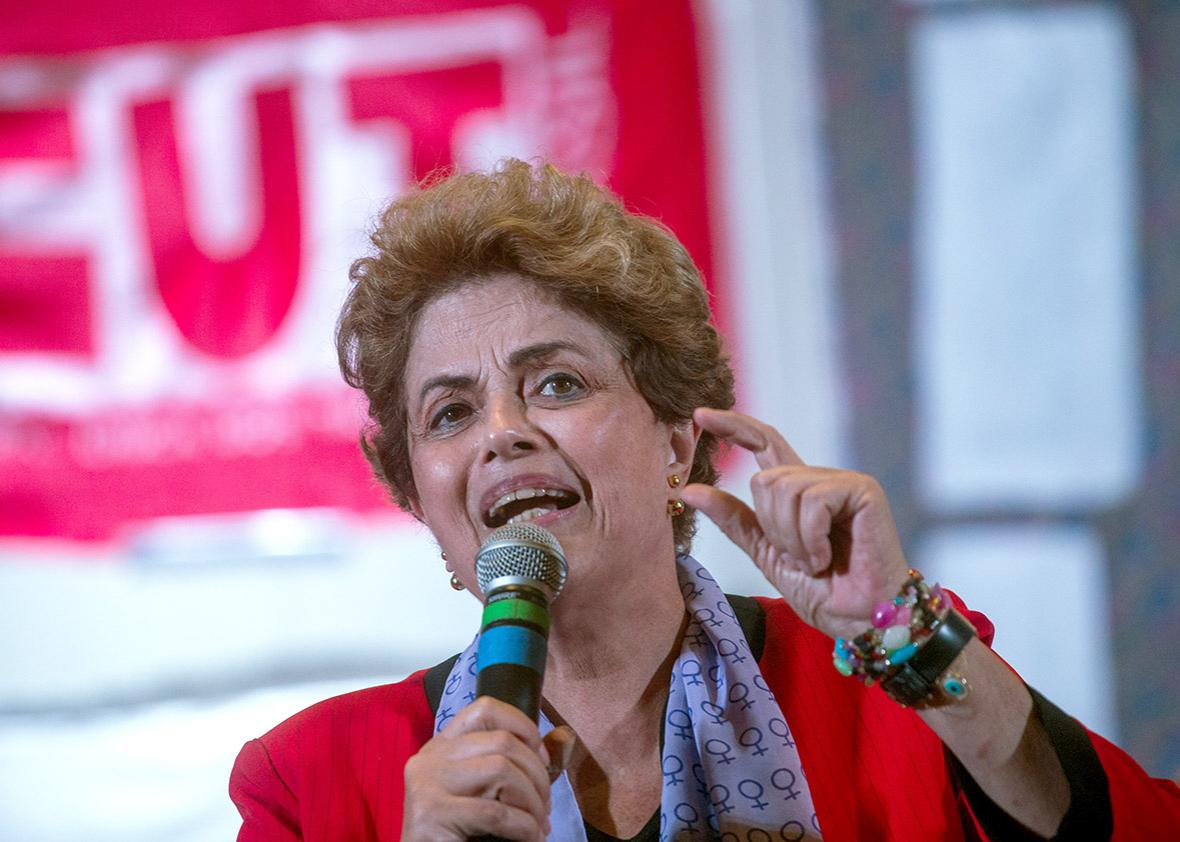 Brazilian suspended President Dilma Rousseff participates in a rally of women in defense of democracy on July 8, 2016 in Sao Paulo, Brazil. 