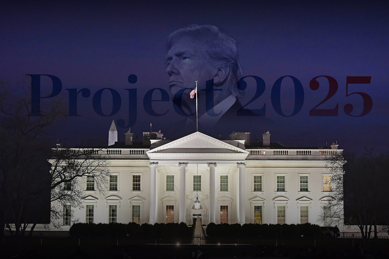 The White House at night with Donald Trump's face looming above it in the sky.