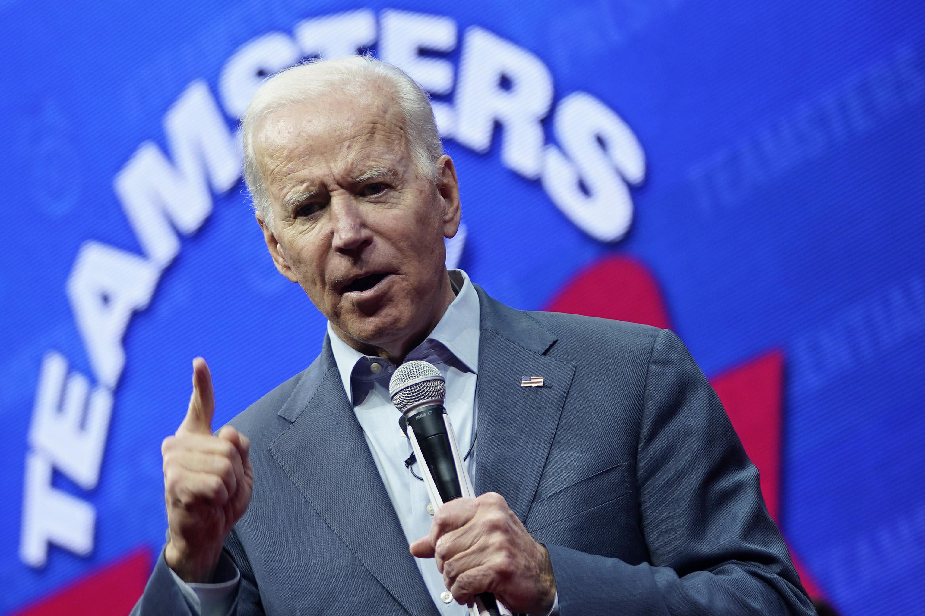 Biden speaks onstage at the Teamsters Vote 2020 Presidential Candidate Forum on Dec. 7 in Cedar Rapids, Iowa.