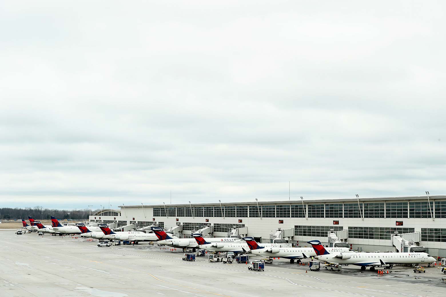 Delta airplanes stand parkedat the Detroit Metropolitan Airport in Romulus, Michigan