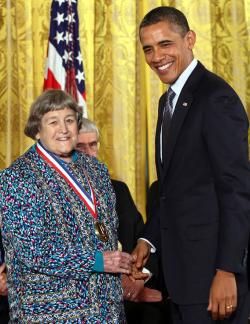 President Obama awards the National Medal of Technology to Ms. Yvonne C. Brill for innovation in rocket propulsion systems for geosynchronous and low earth orbit communication satellites, which greatly improved the effectiveness of space propulsion systems, at the White House, Oct. 21, 2011, in Washington, D.C.