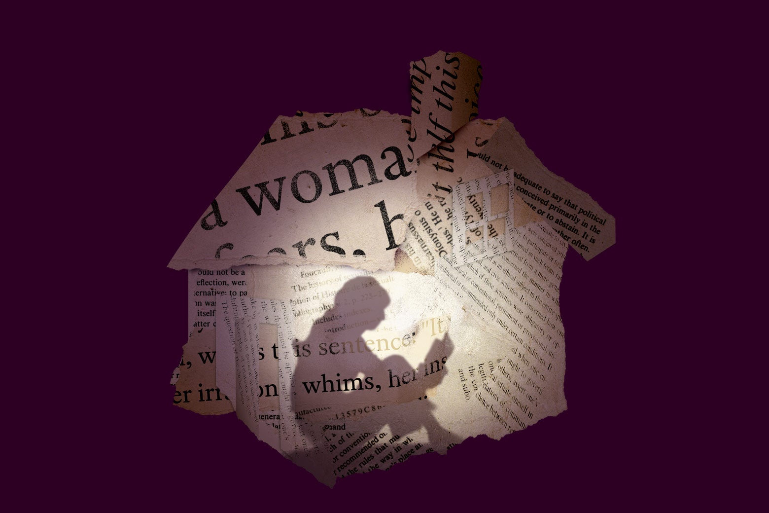 Illustration of book scraps making up the shape of a book, backlit, revealing a woman reading inside.