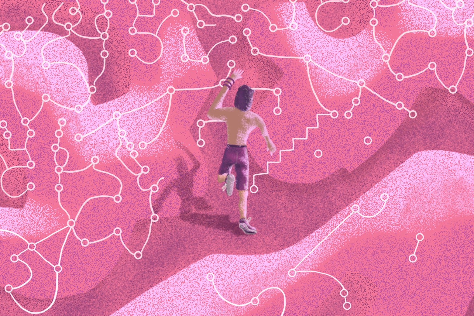 A man jogs away in a surreal pink map. 