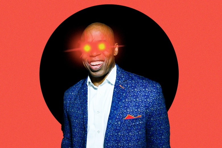 A smiling Eric Adams photoshopped with Bitcoin-style laser eyes.
