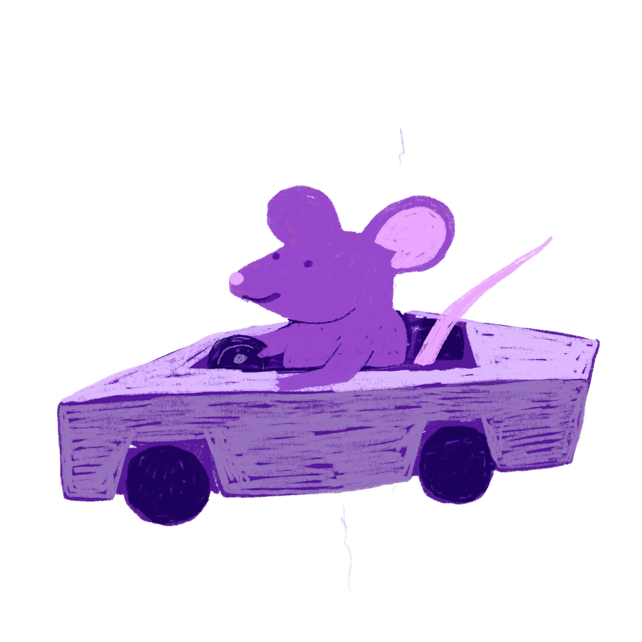 A purple rat drives a car.