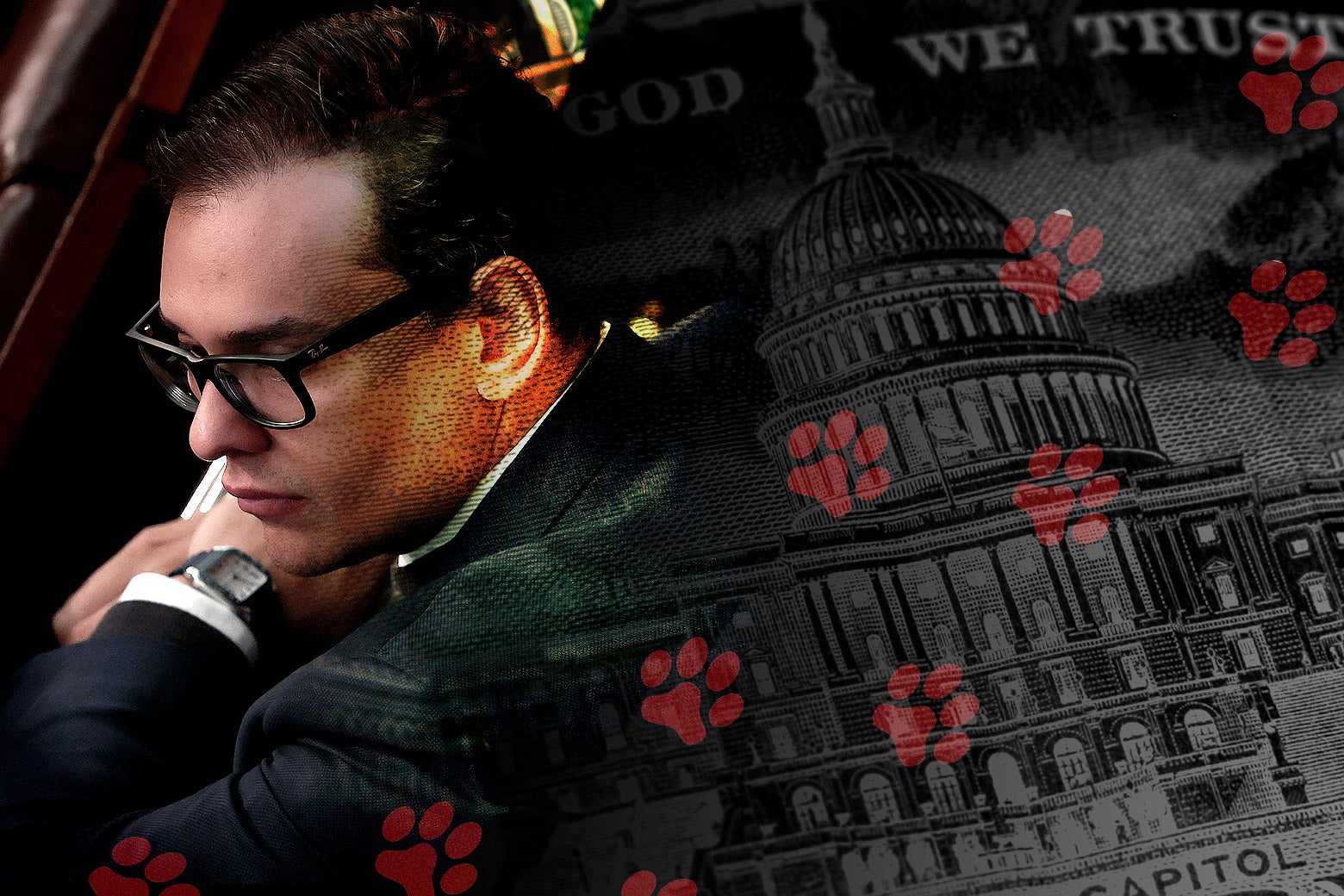 An image of Santos fades into a black and white image of the Capitol on the $50 bill over which red dog footprints are walking. 