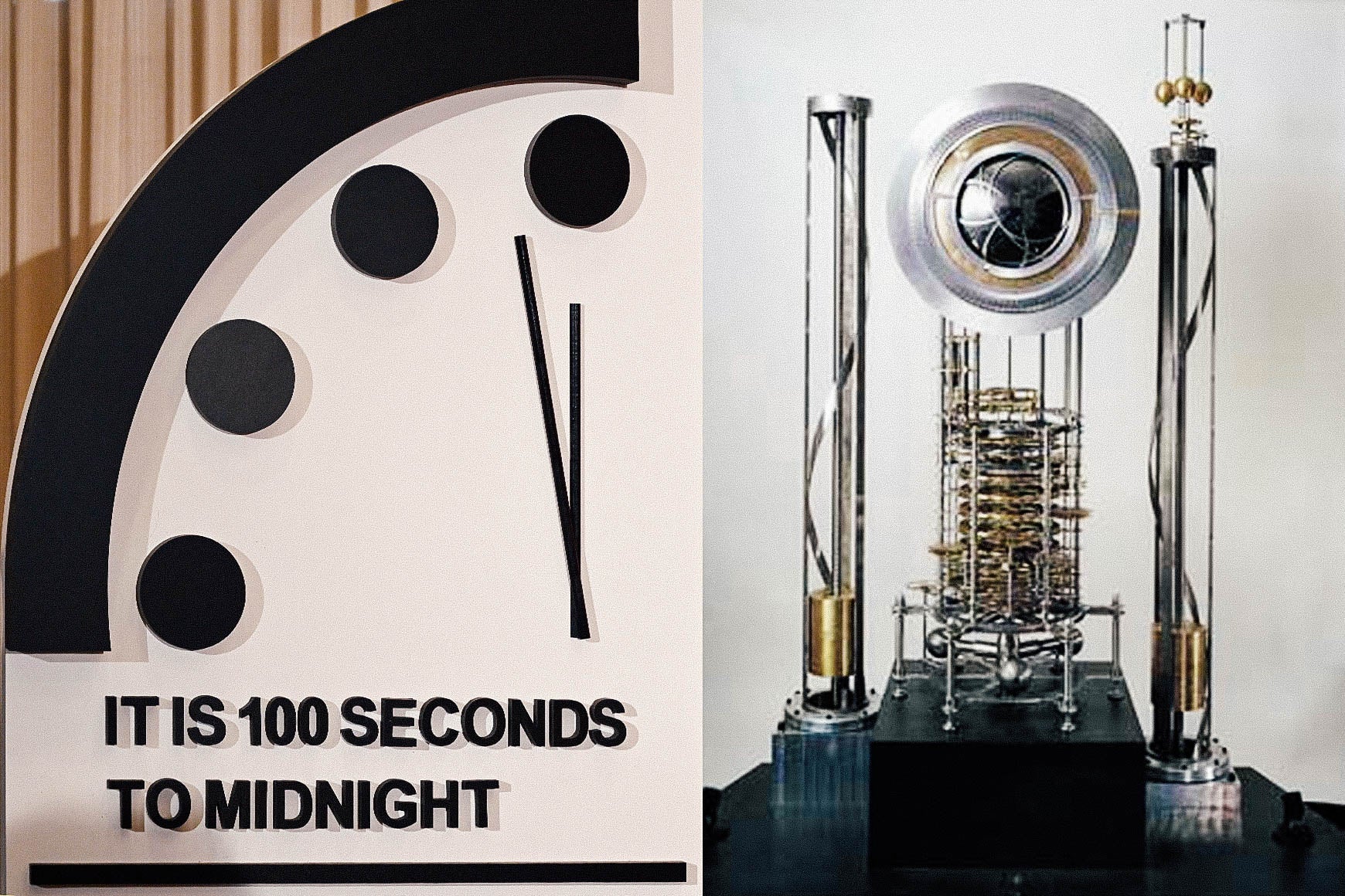 Diptych of the Doomsday Clock reading 100 seconds to midnight and the 10,000 Year Clock prototype.