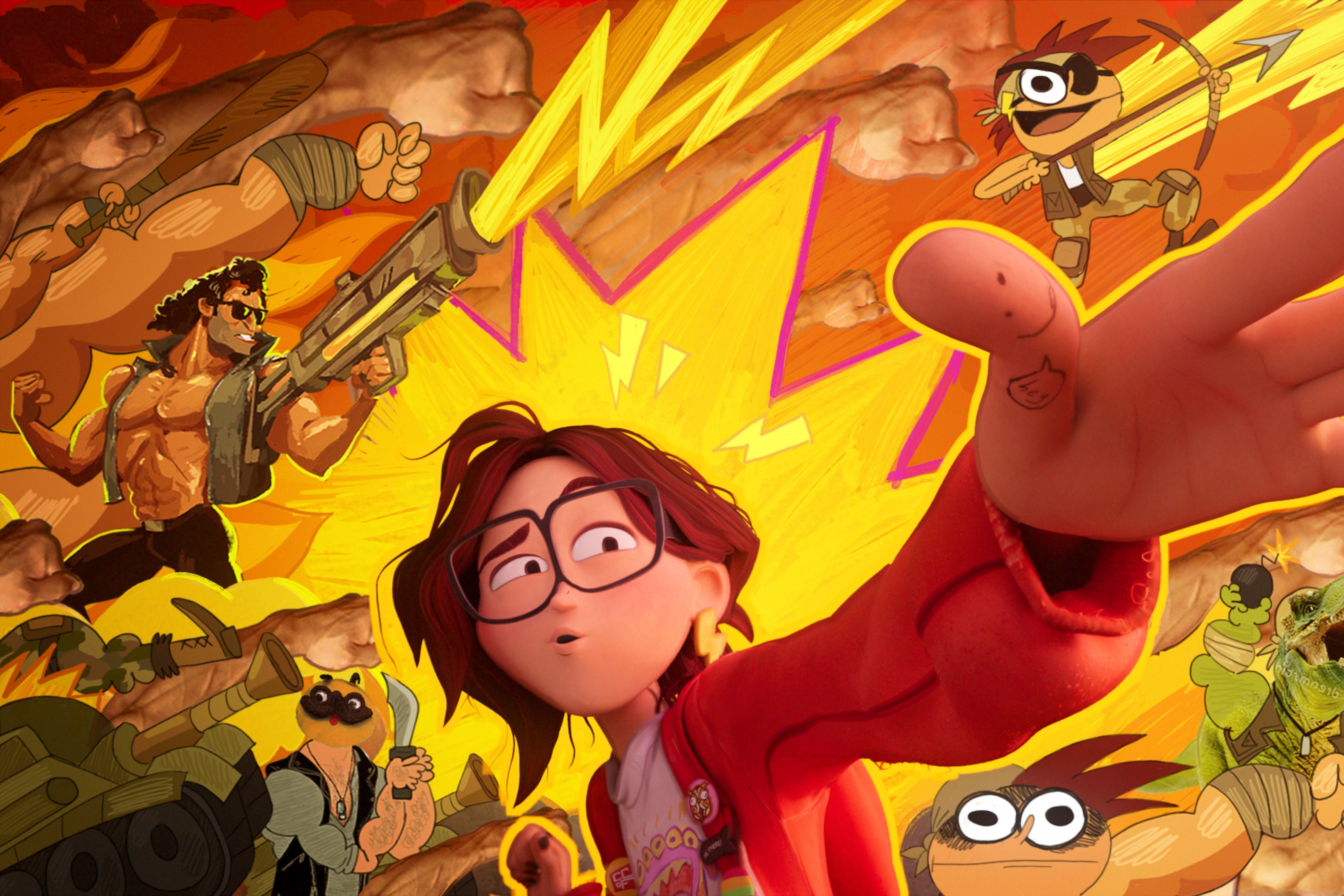 I CG character dressed like an artsy young girl is surrounded by drawings of a pug with a knife and a T-rex with bombs. She extends one hand as if to say "Far out."