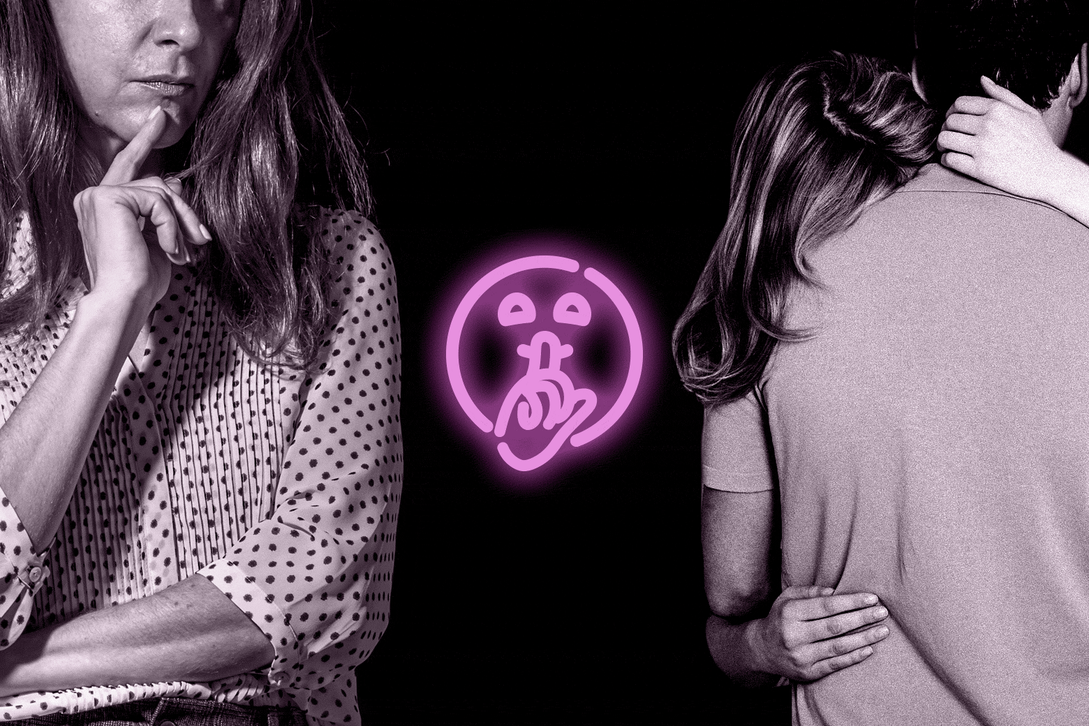 A woman looks at a couple, eyeing them suspiciously. A neon "shh" emoji appears between them.